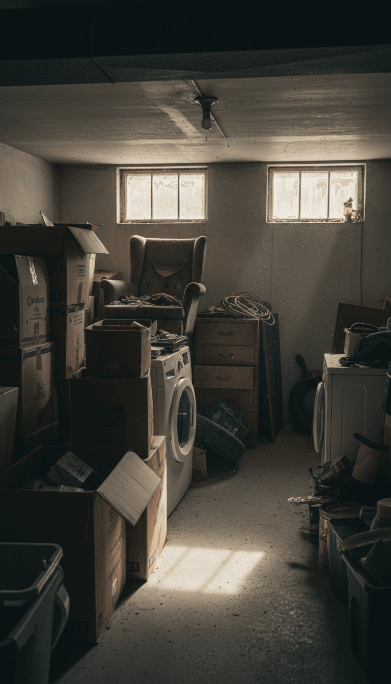 Cluttered two-car garage before cleaning service begins