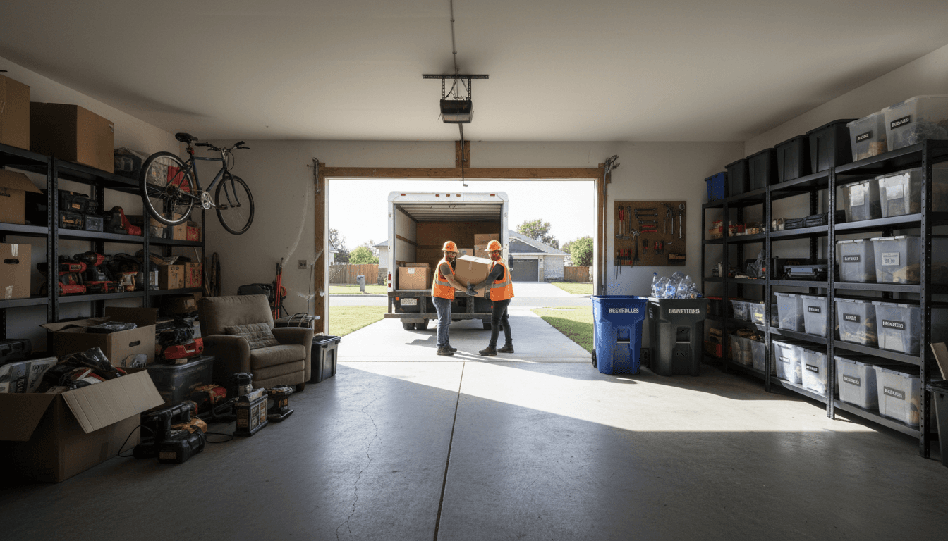 Homeowners enjoying their newly organized and clean garage