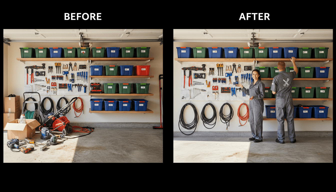 Freshly organized two-car garage with neatly categorized items and polished floors in Wilmington
